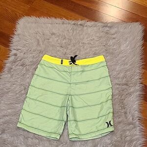 Hurley boys green, bright yellow and black stripped board‎ shorts size 16